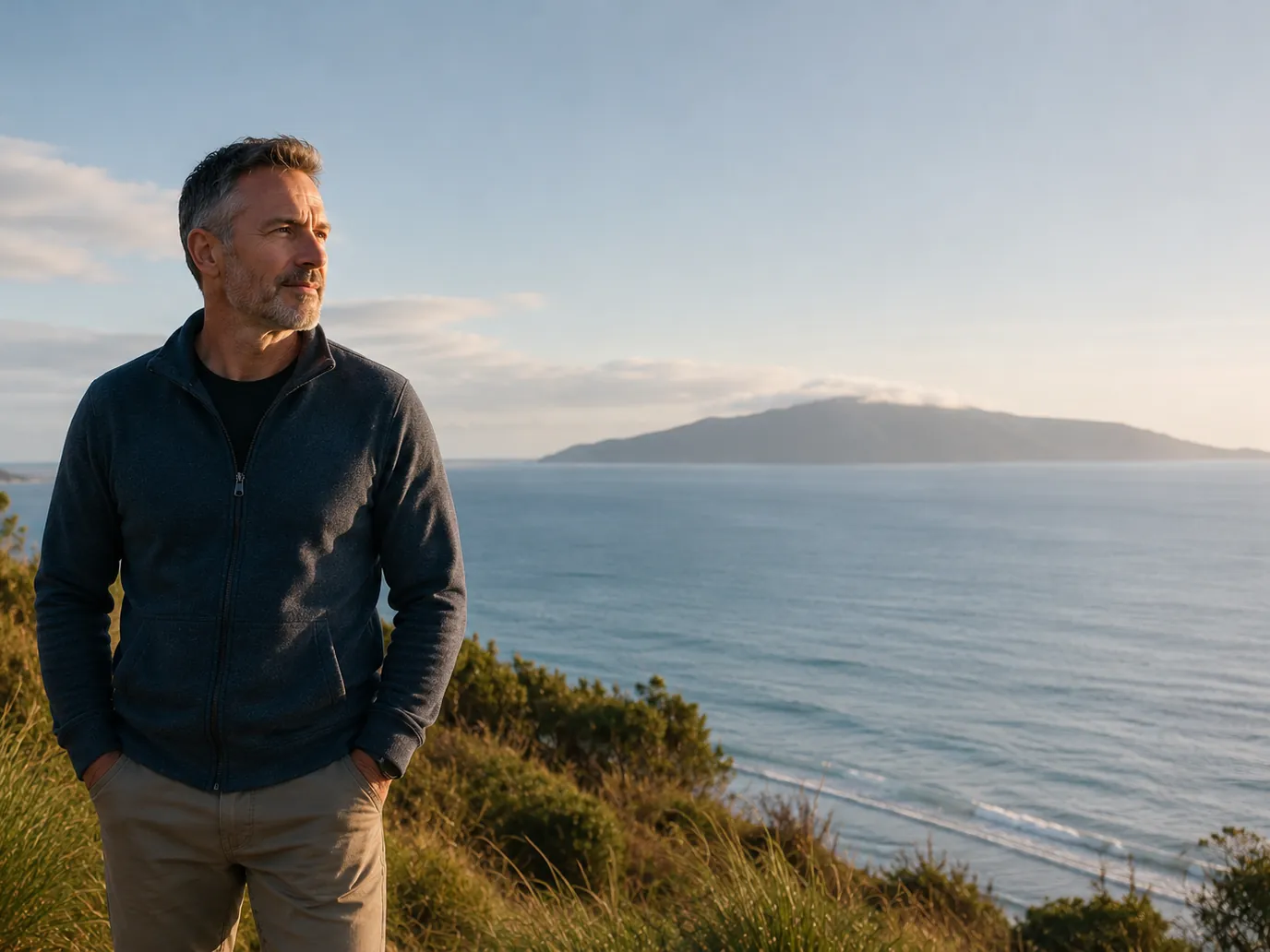 A man looking out over the sea towards Kāpiti Island