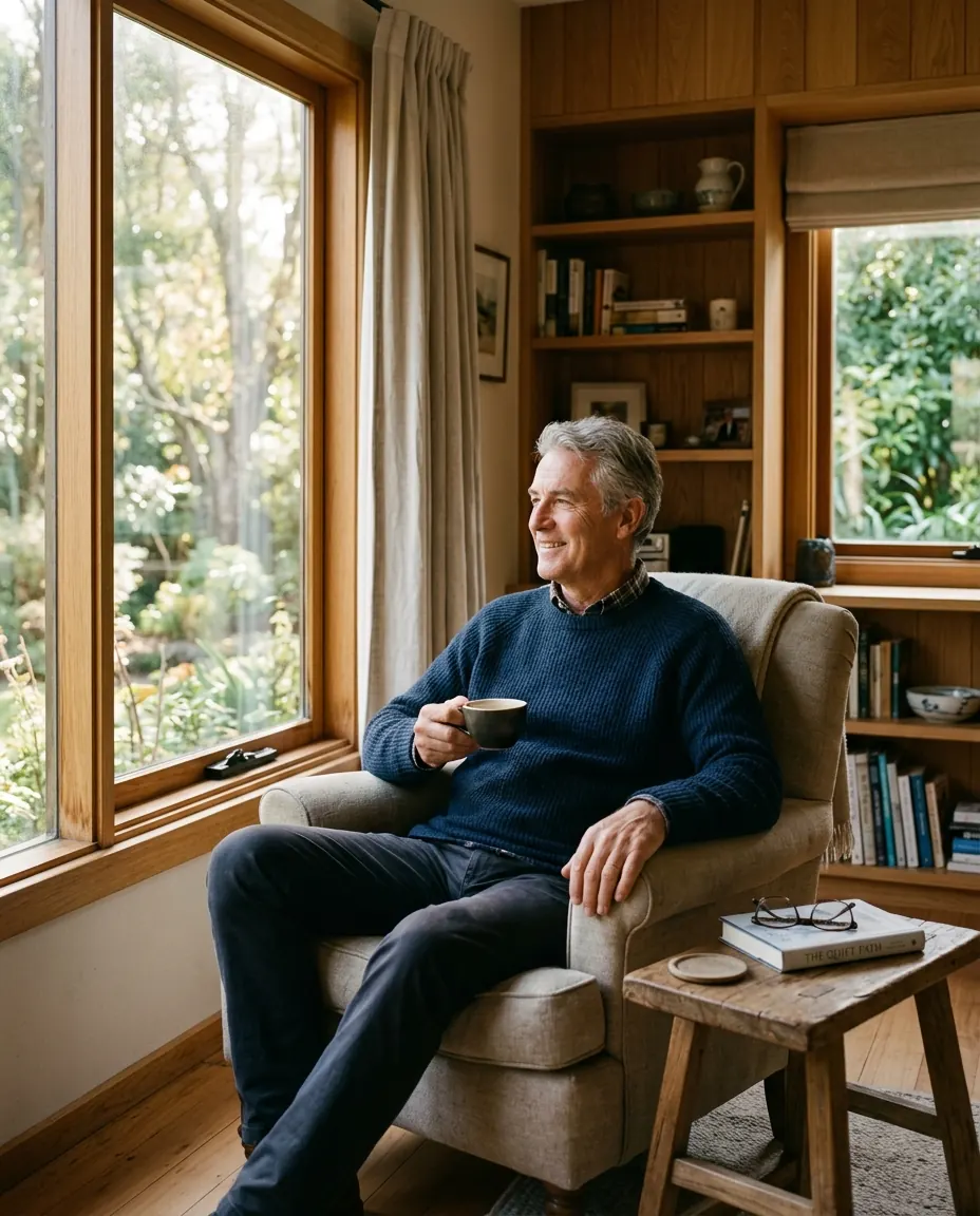 A man sitting with a coffee at home, relaxed and unhurried
