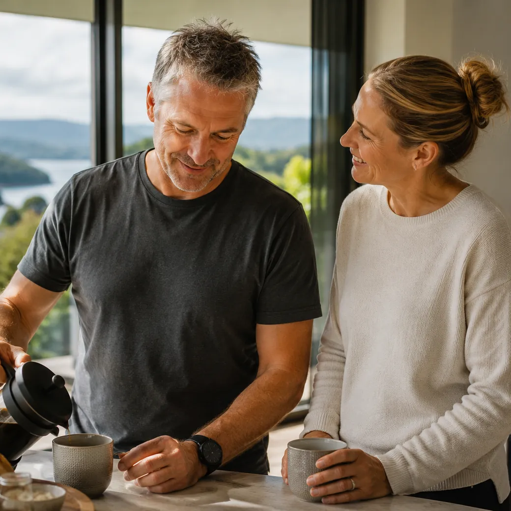 A couple making coffee together in a sunlit kitchen