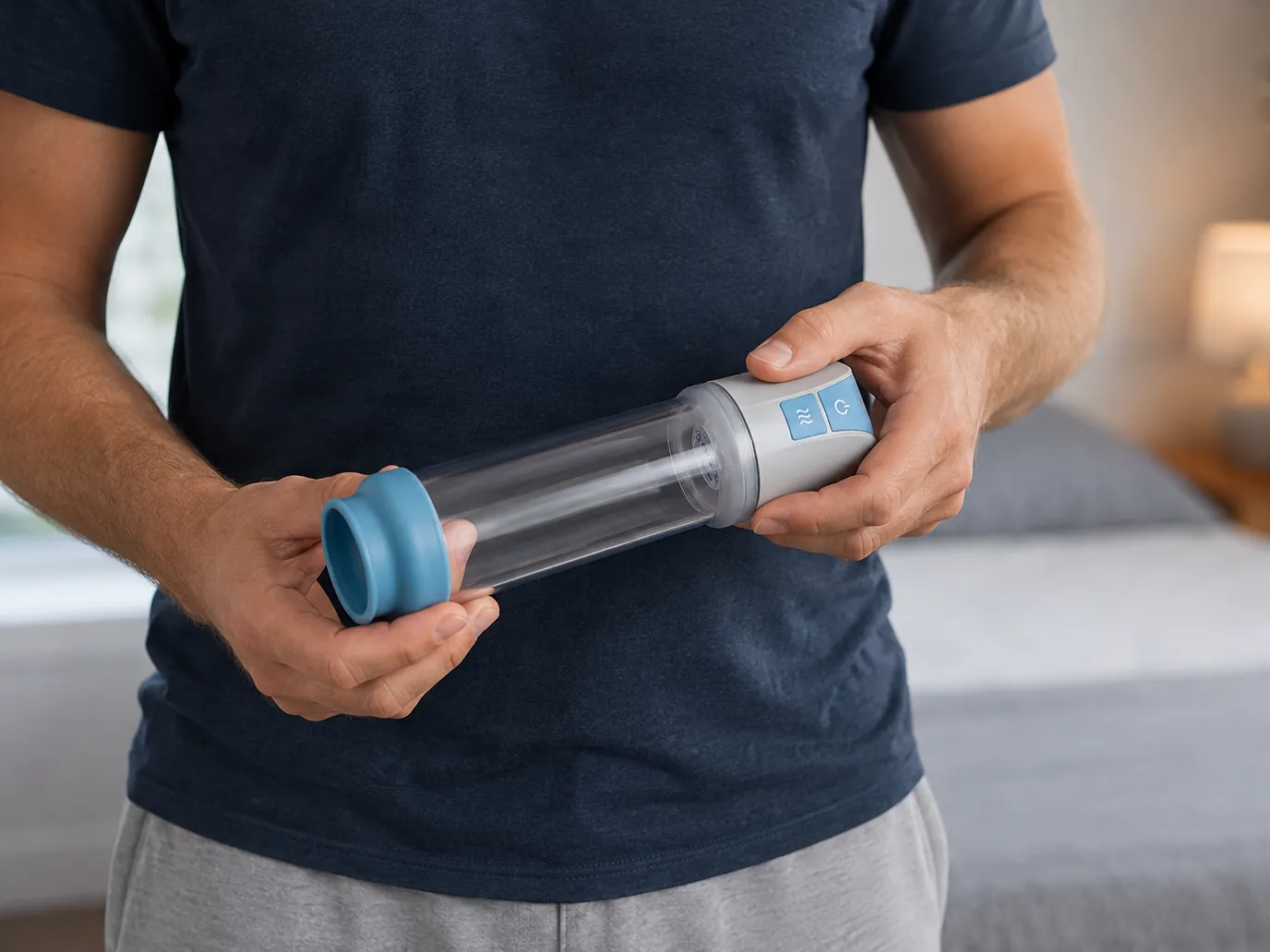 A man holding a Medintim VES Active vacuum erection device, showing its cylinder and seal ring